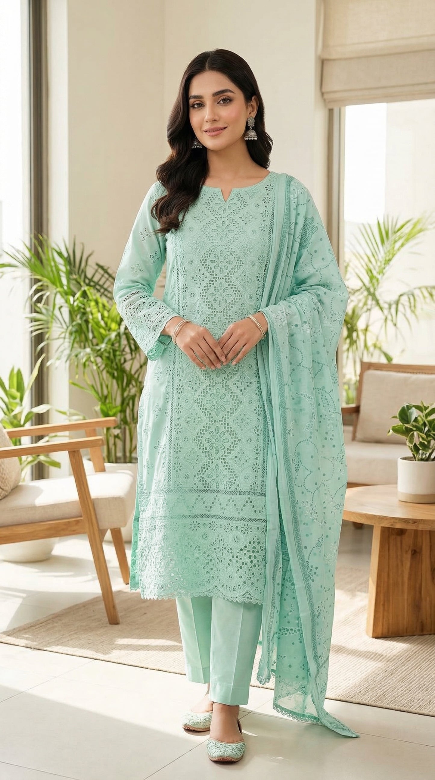 Woman in a light green traditional outfit standing in a bright living room.
