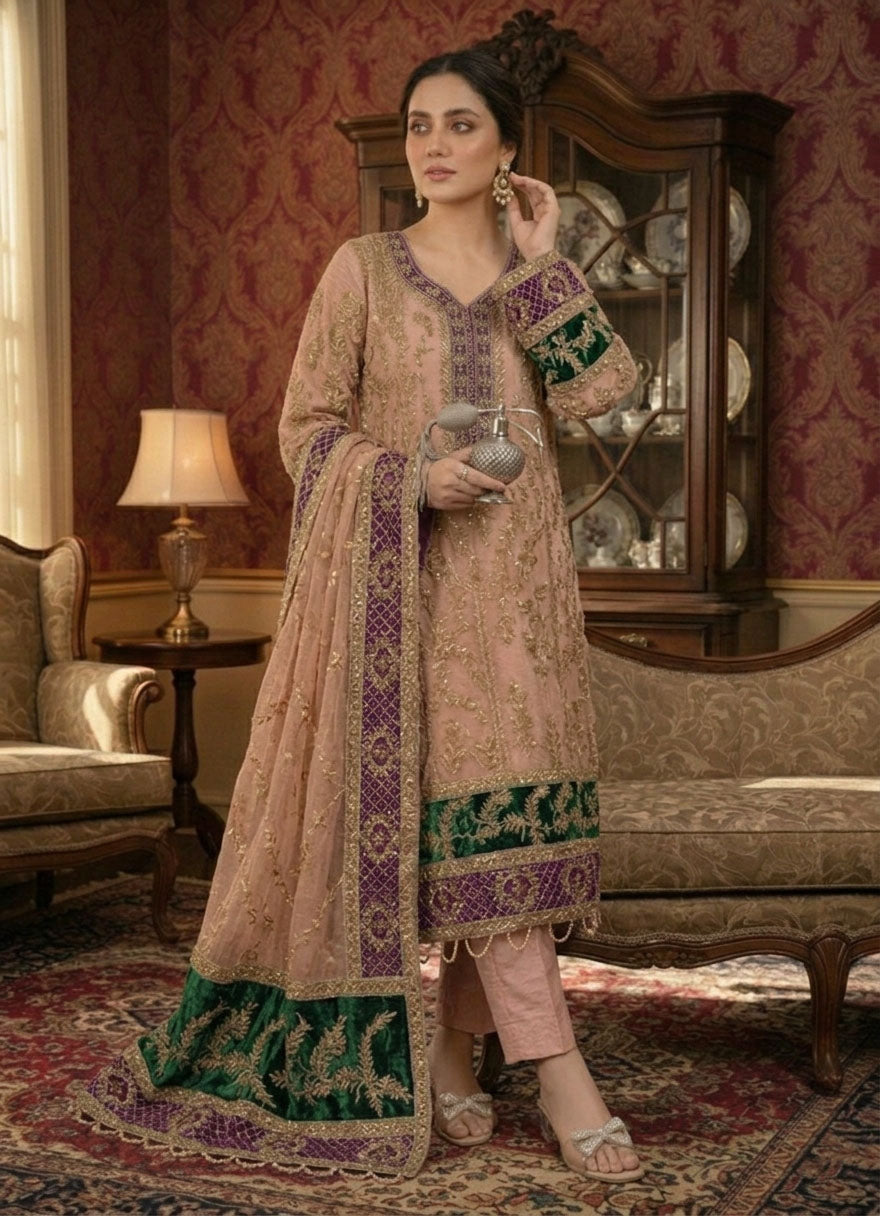 Woman in traditional attire standing in a decorated room with ornate wallpaper and furniture.