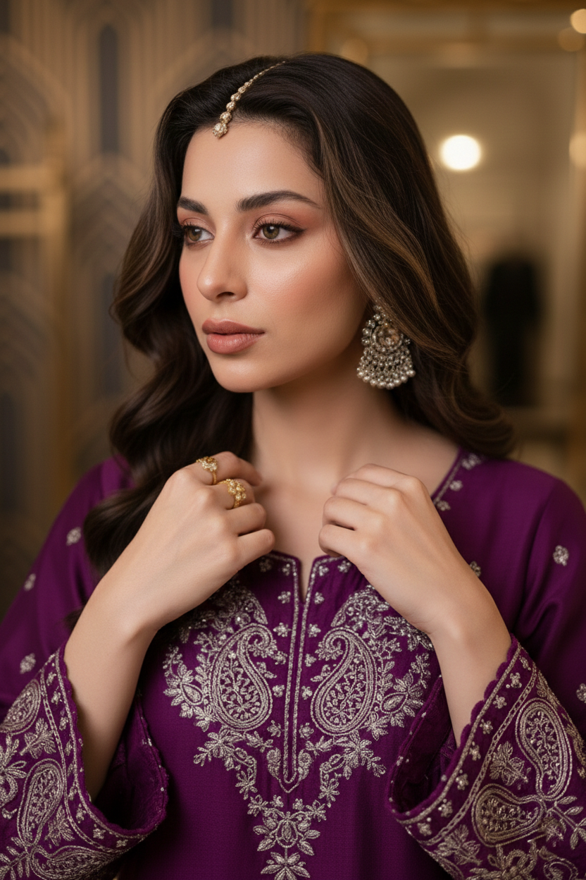 Woman wearing a purple embroidered outfit with jewelry indoors.