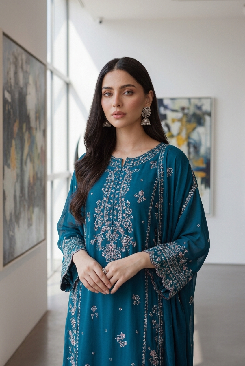 Woman wearing a blue embroidered dress in an indoor setting with abstract art on the walls.