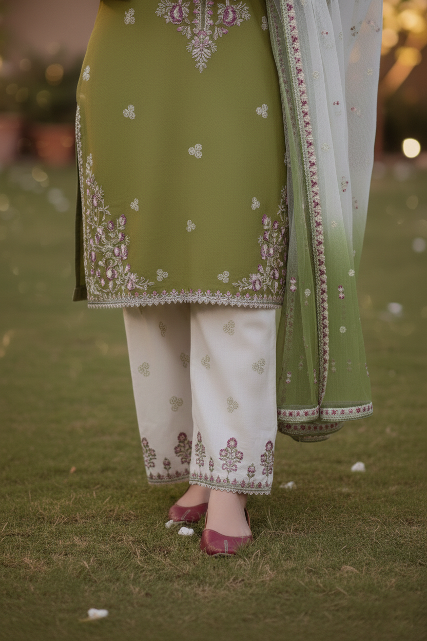 Green and white traditional outfit with floral patterns on a grassy background