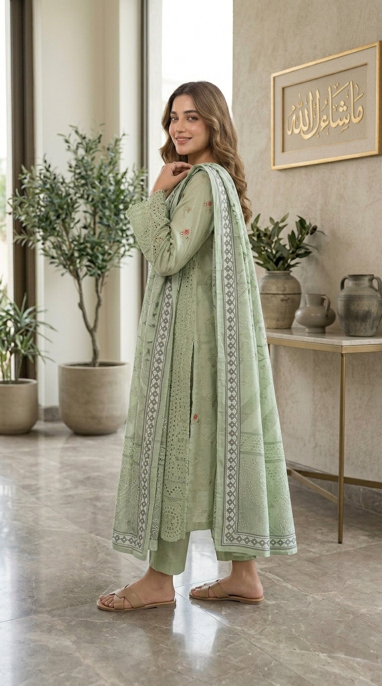 Woman in a light green traditional outfit standing in a room with plants and decor.