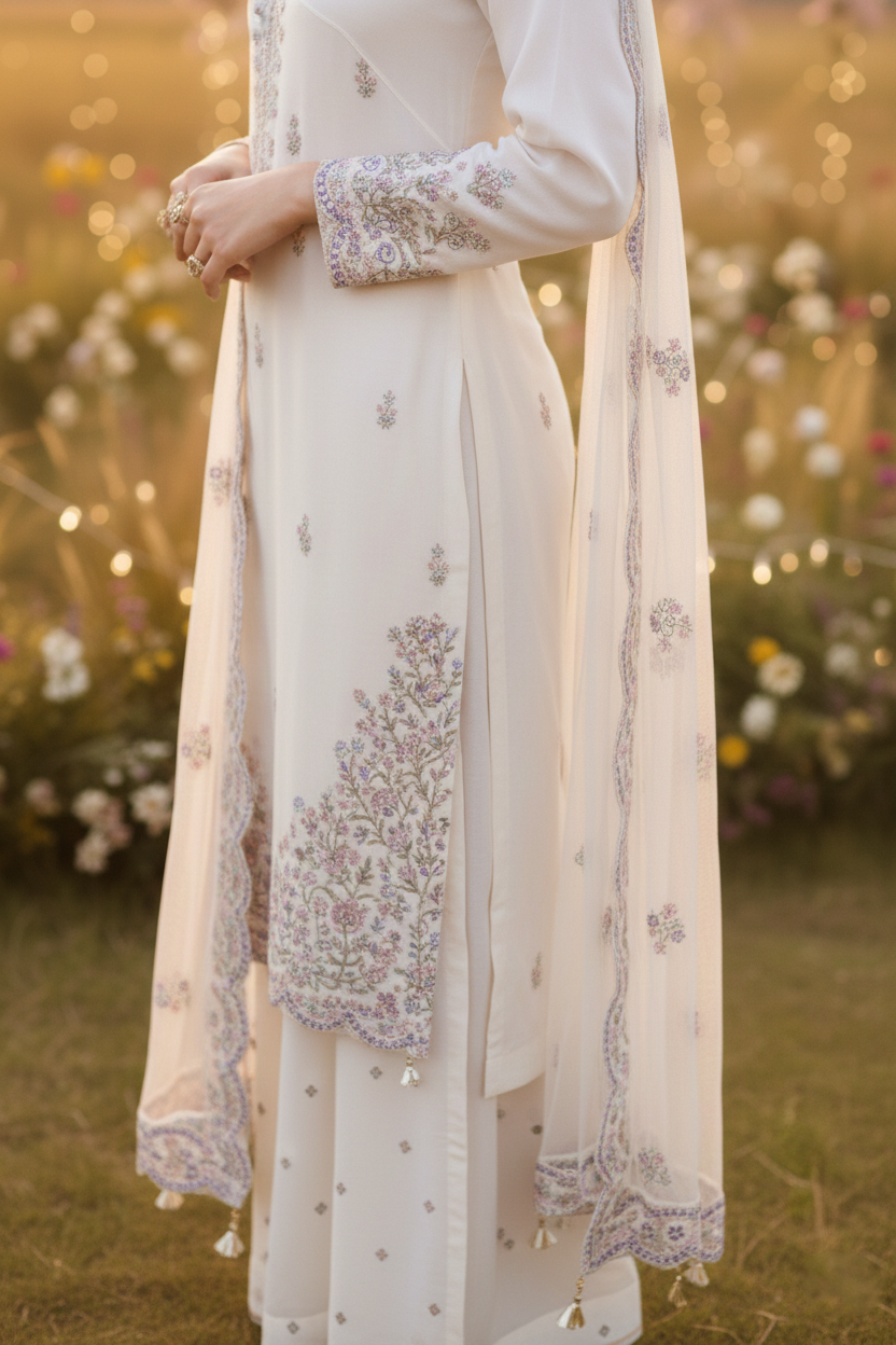 White embroidered traditional outfit with a floral background
