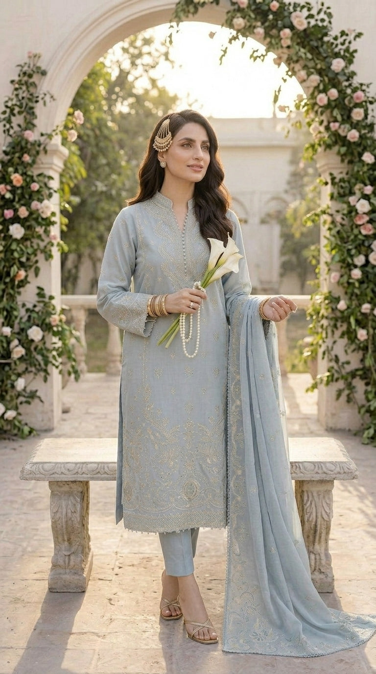 Woman in a light blue traditional outfit holding a white flower, standing in a decorated outdoor setting.