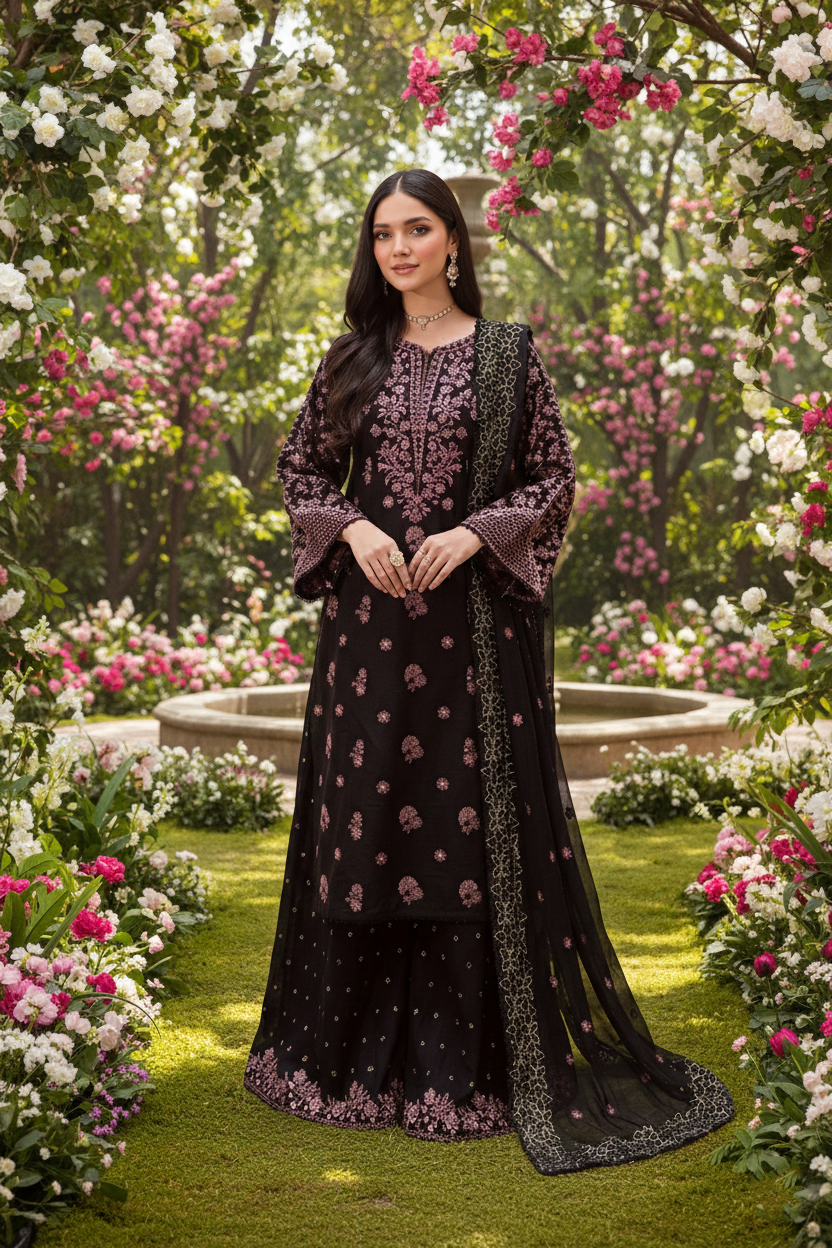 Woman in a black and purple embroidered traditional outfit standing in a garden with flowers.