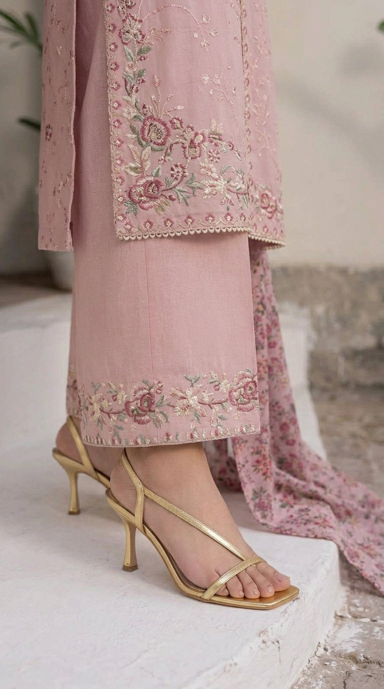 Pink embroidered traditional outfit with gold high-heeled sandals on a neutral background