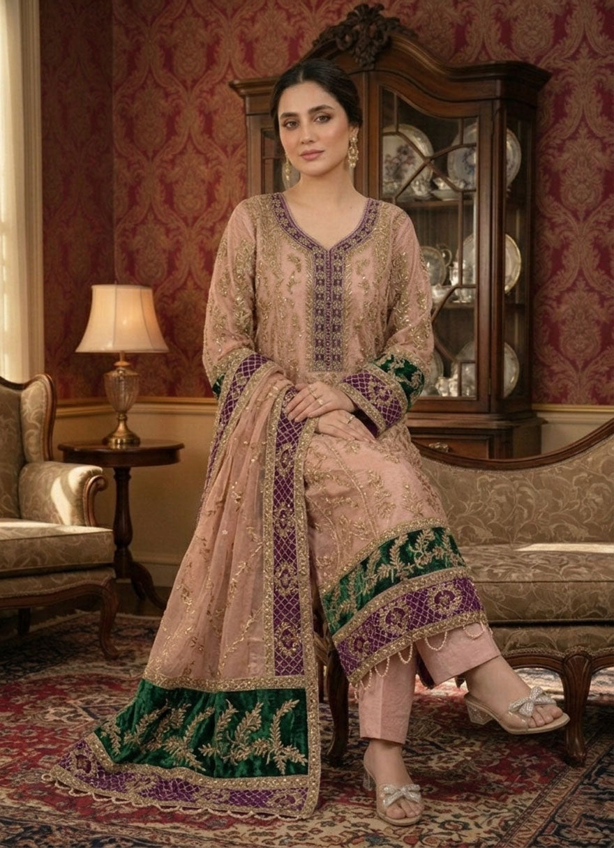 Woman in traditional embroidered outfit standing in an ornate room with patterned wallpaper and furniture.