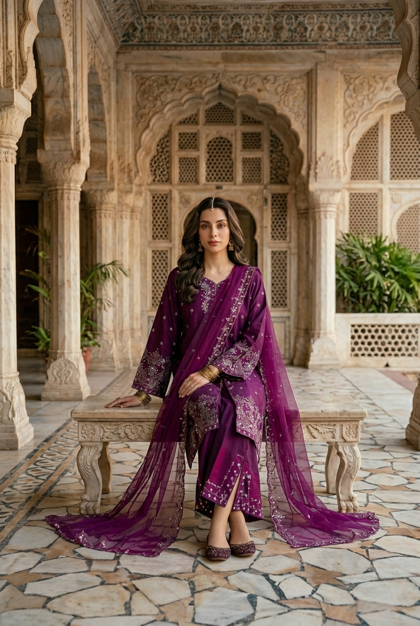 Woman in a purple traditional outfit standing in an ornate architectural setting