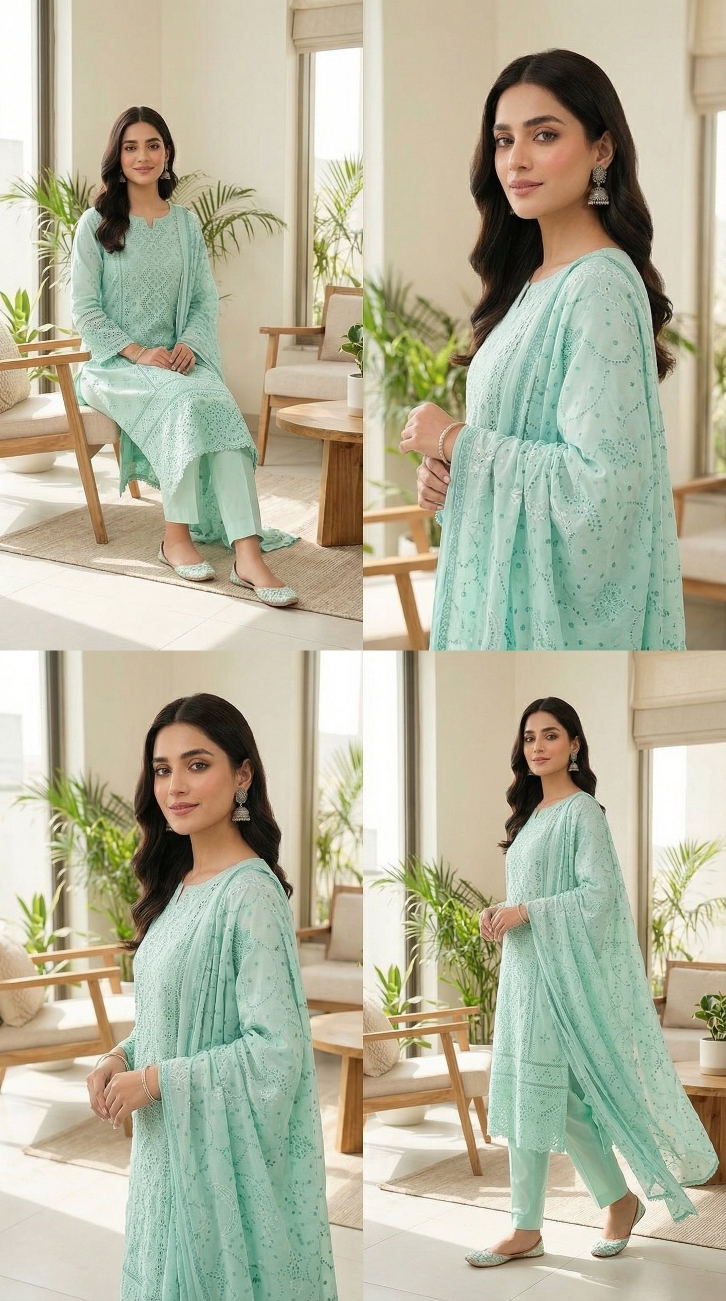 Woman in a light green traditional outfit sitting in a modern living room.