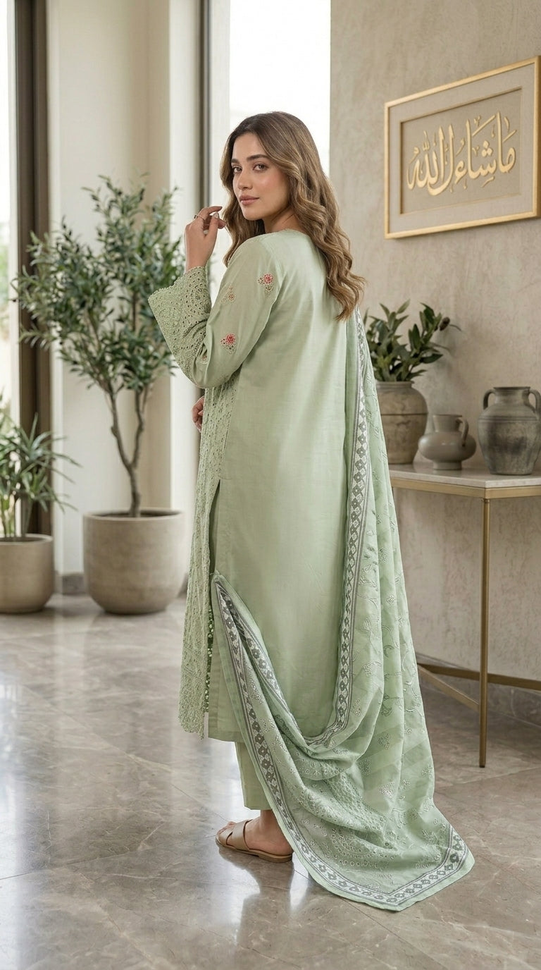 Woman in a light green traditional outfit standing in a modern interior setting.