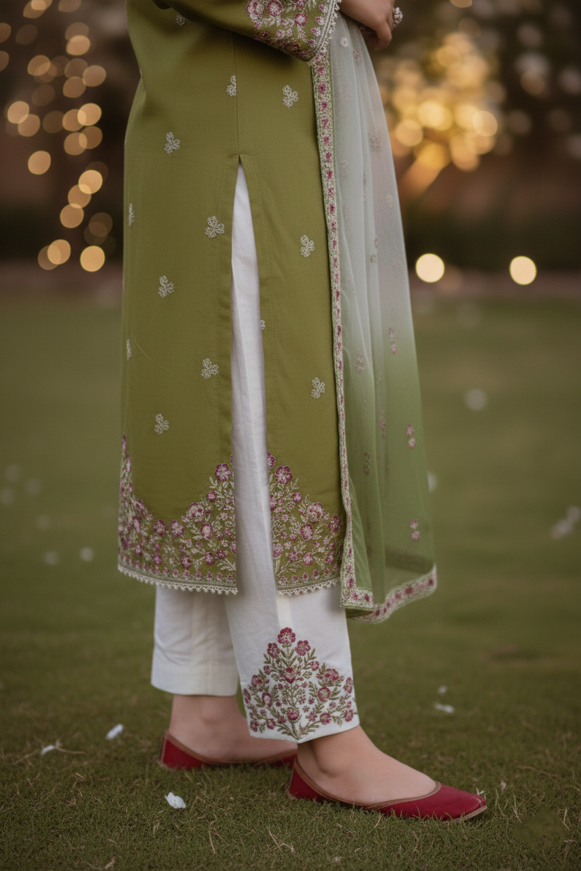 Person wearing a green and white traditional outfit with floral patterns on a grassy background.