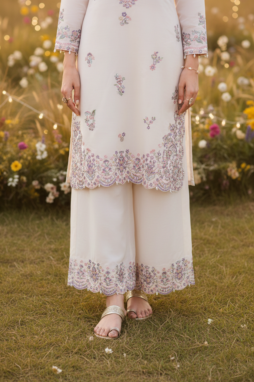 Person wearing a white outfit with floral embroidery standing in a field of flowers.