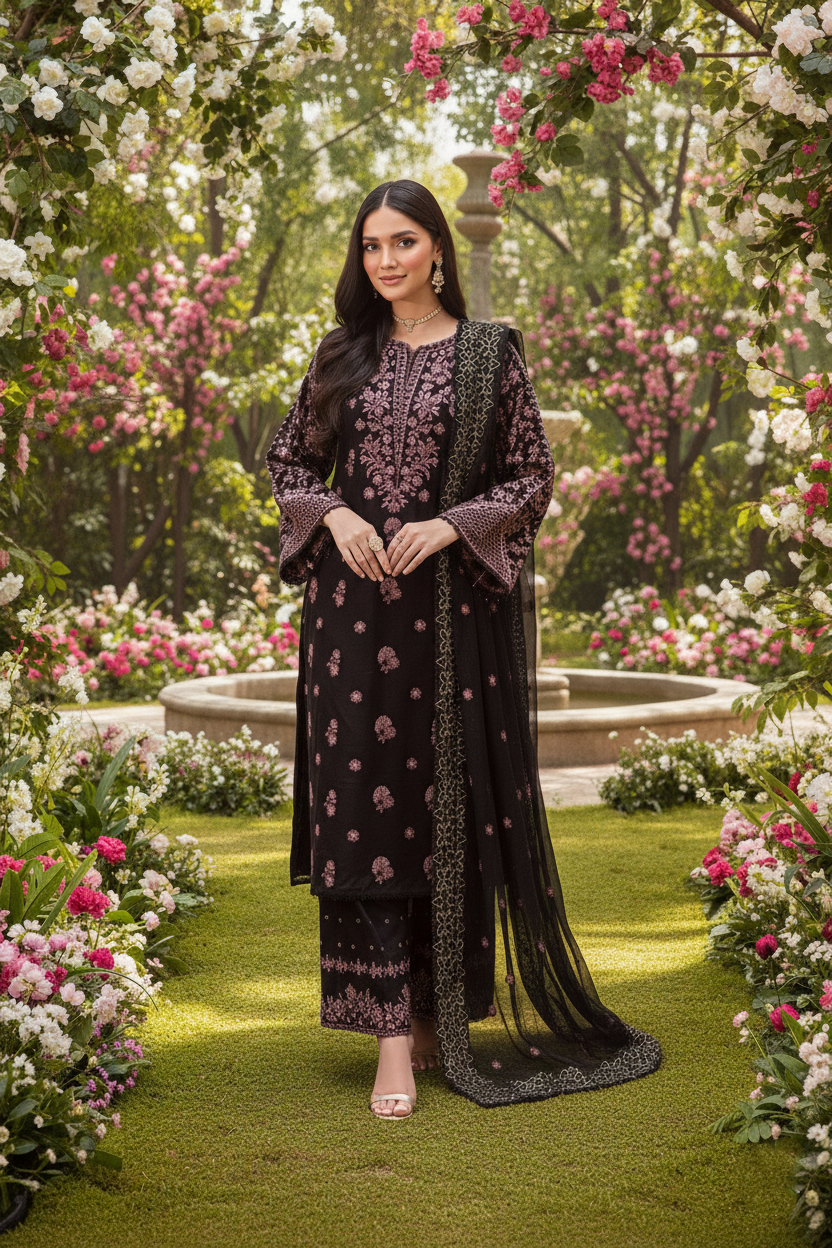 Woman in a black and purple traditional outfit standing in a garden with flowers and a fountain.