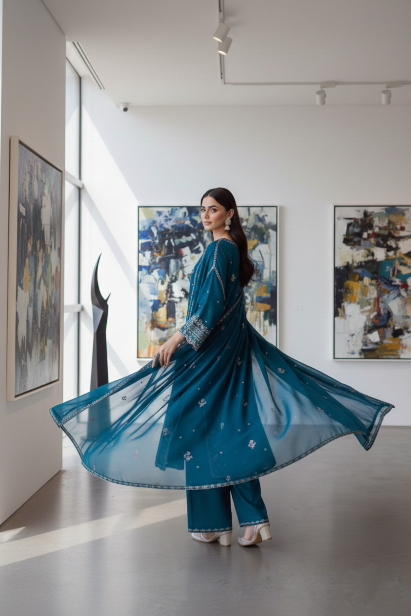 Woman in a blue traditional outfit with a flowing skirt in an art gallery.