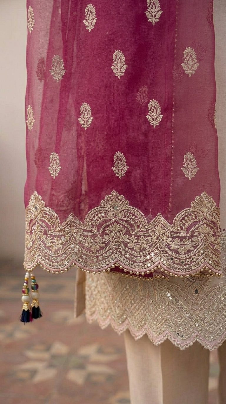 Pink embroidered fabric with gold detailing and tassels on a neutral background