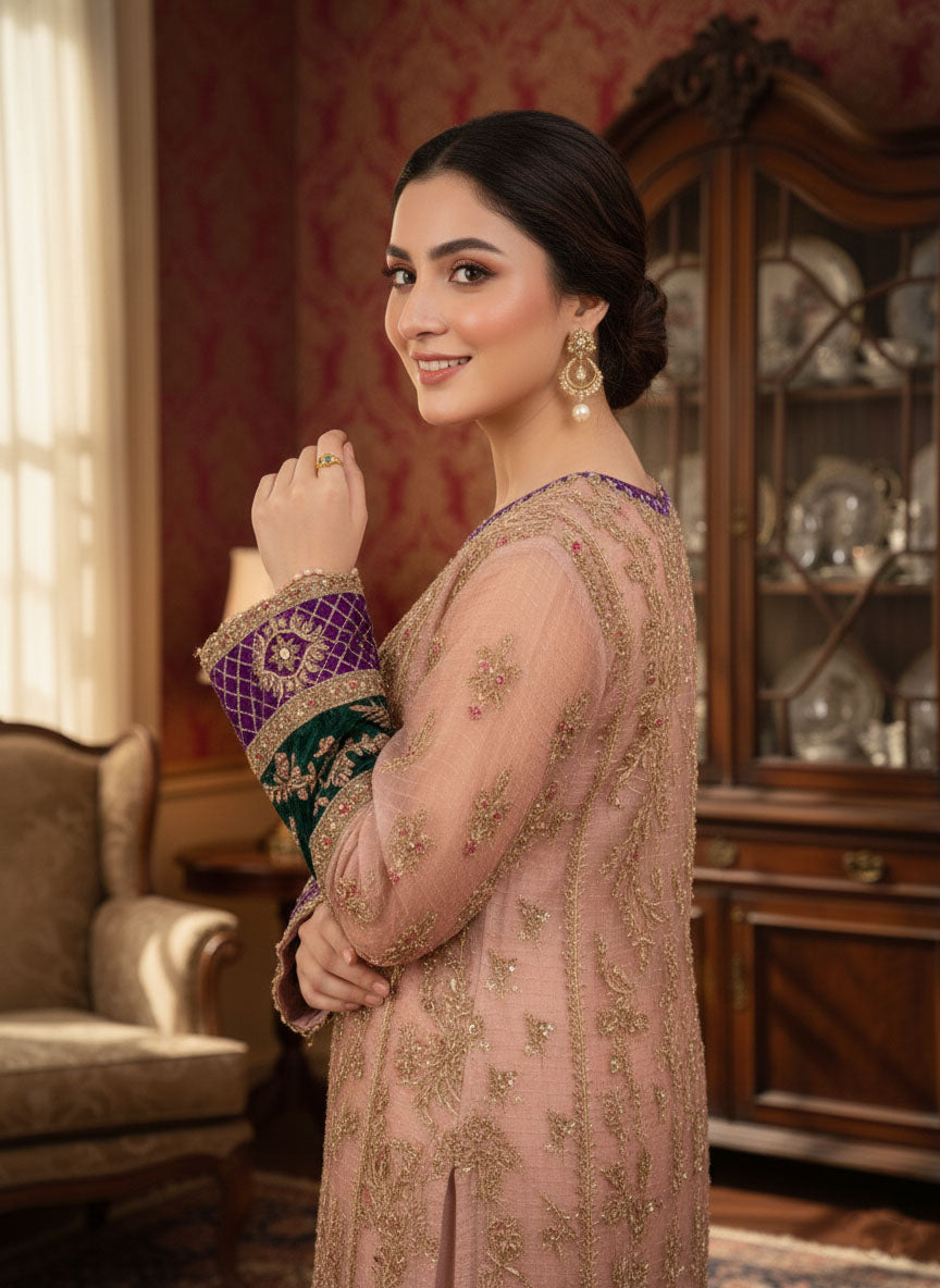 Woman in traditional attire standing in a room with ornate decor
