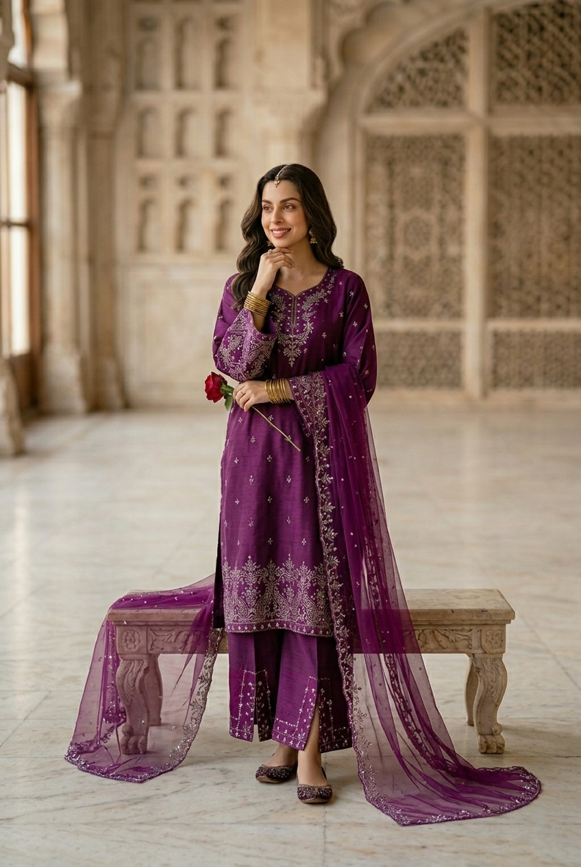Woman in a purple traditional outfit standing in a historic building.