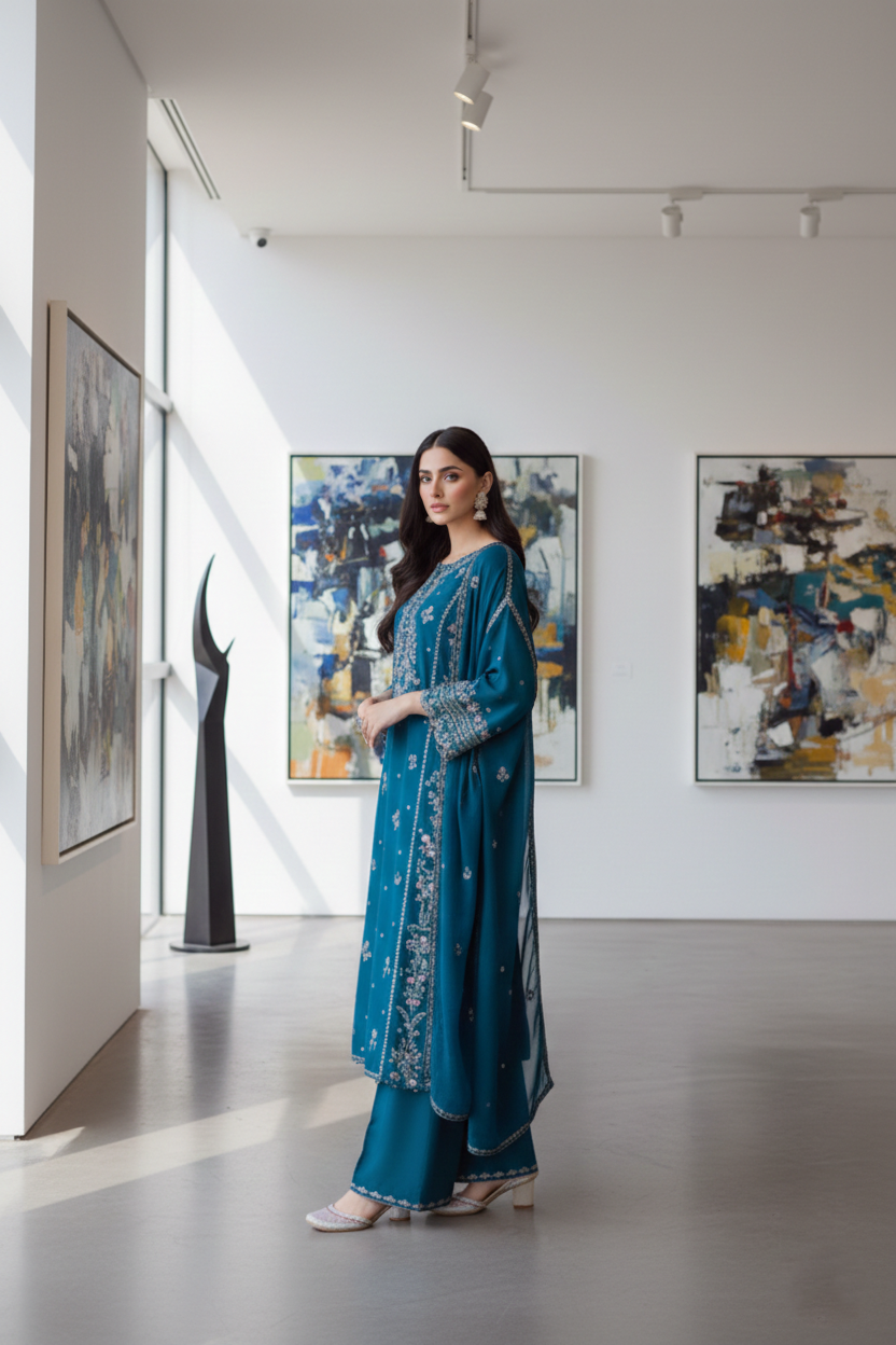 Woman in a blue traditional outfit standing in an art gallery with abstract paintings on the wall.