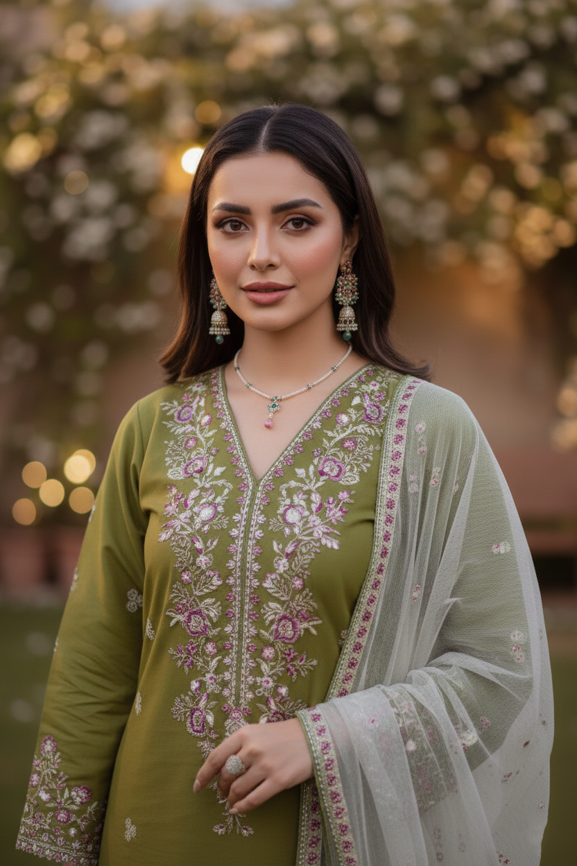 Woman wearing a green embroidered traditional outfit with a blurred outdoor background