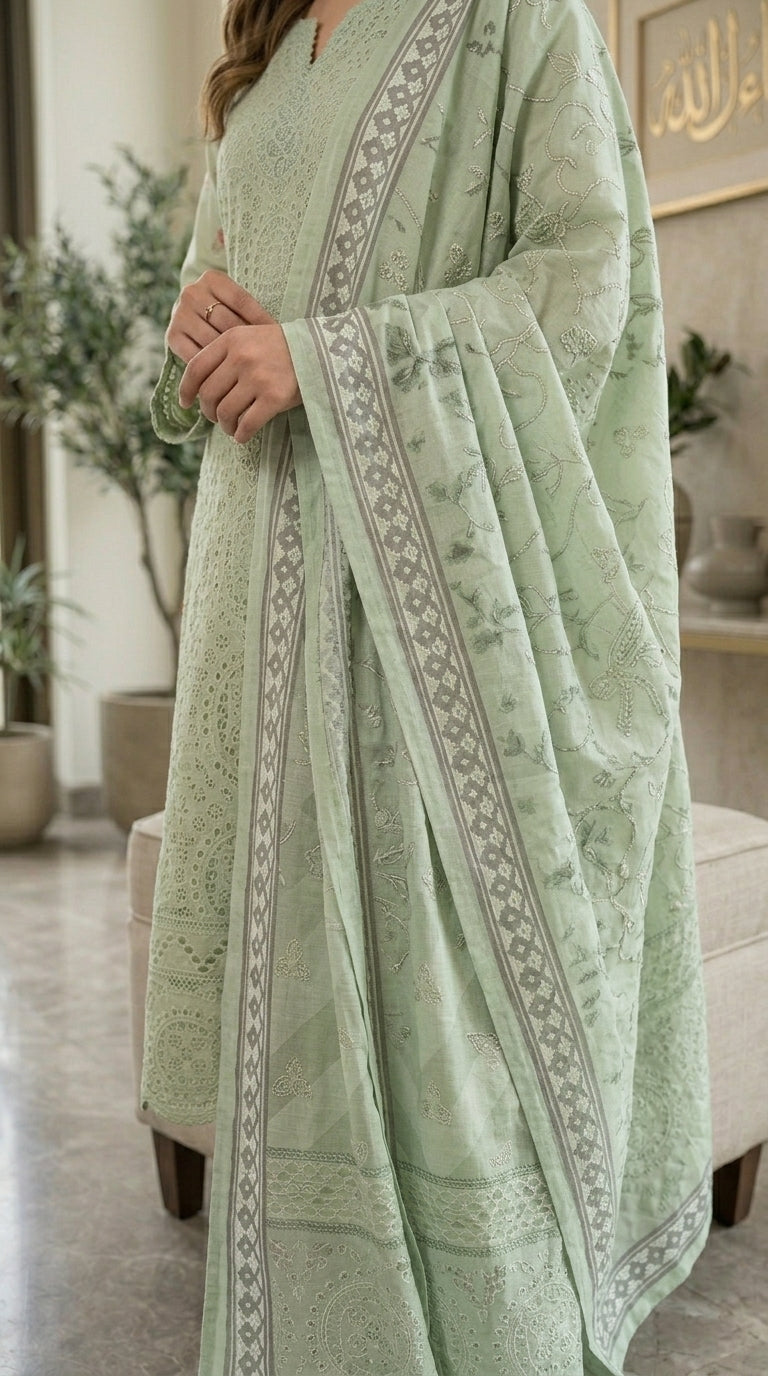 Light green traditional outfit with intricate patterns in a home setting
