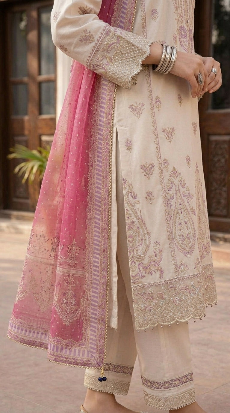 Traditional outfit with a pink dupatta featuring intricate patterns, worn by a person.