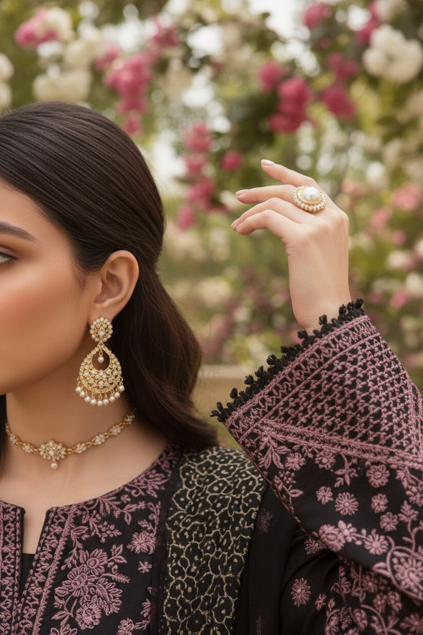Woman wearing traditional black and purple embroidered outfit with jewelry against a floral background