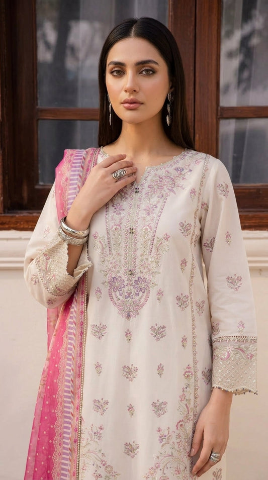 Woman wearing a traditional outfit with a pink dupatta in an indoor setting