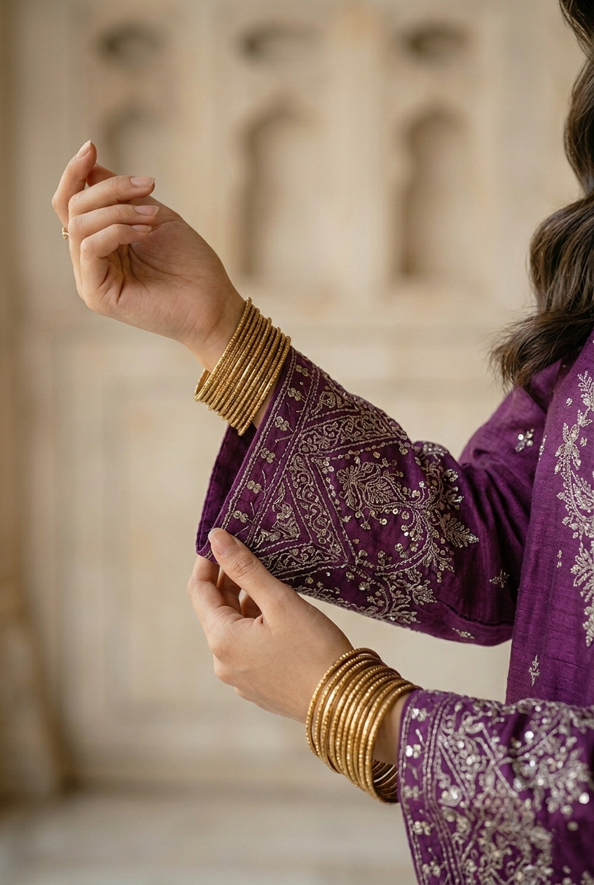 Person wearing a purple embroidered garment with gold bangles against a blurred background