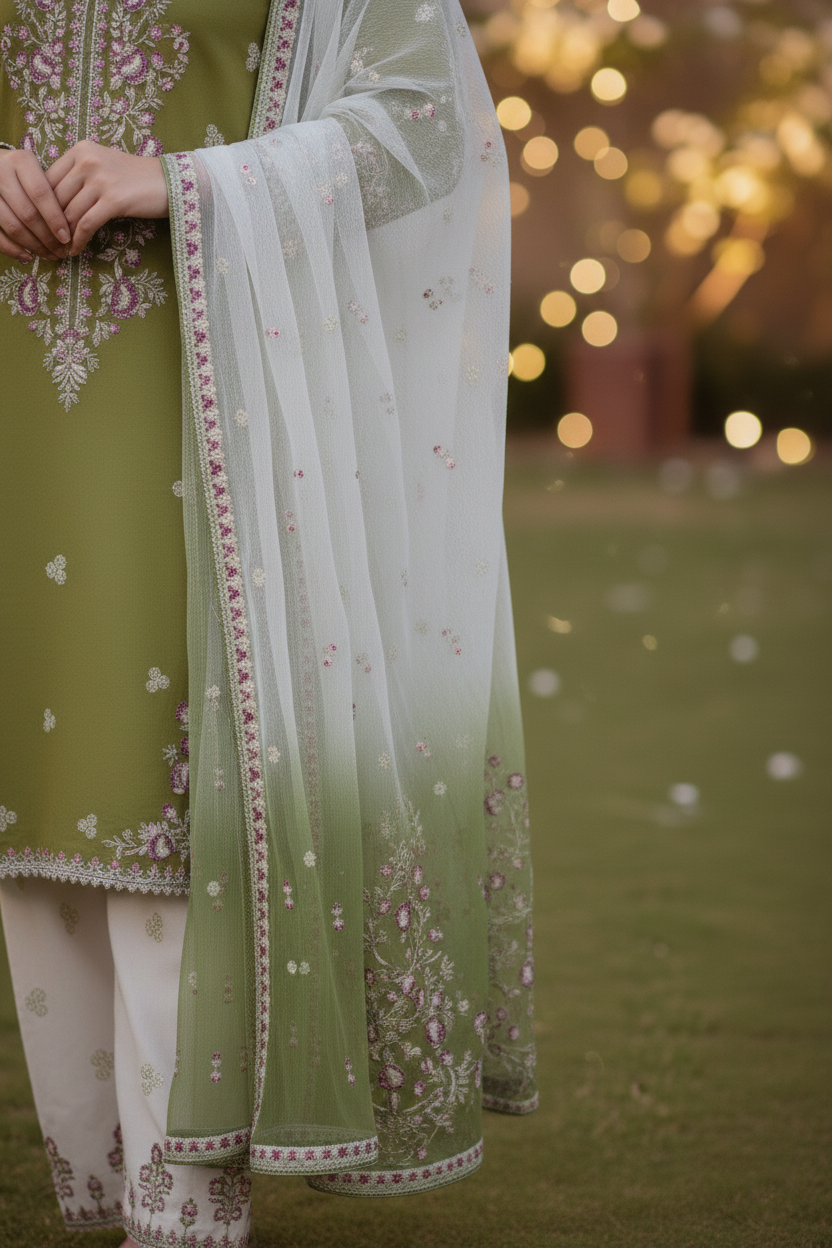 Person wearing a green embroidered outfit with a sheer white dupatta in a garden setting.