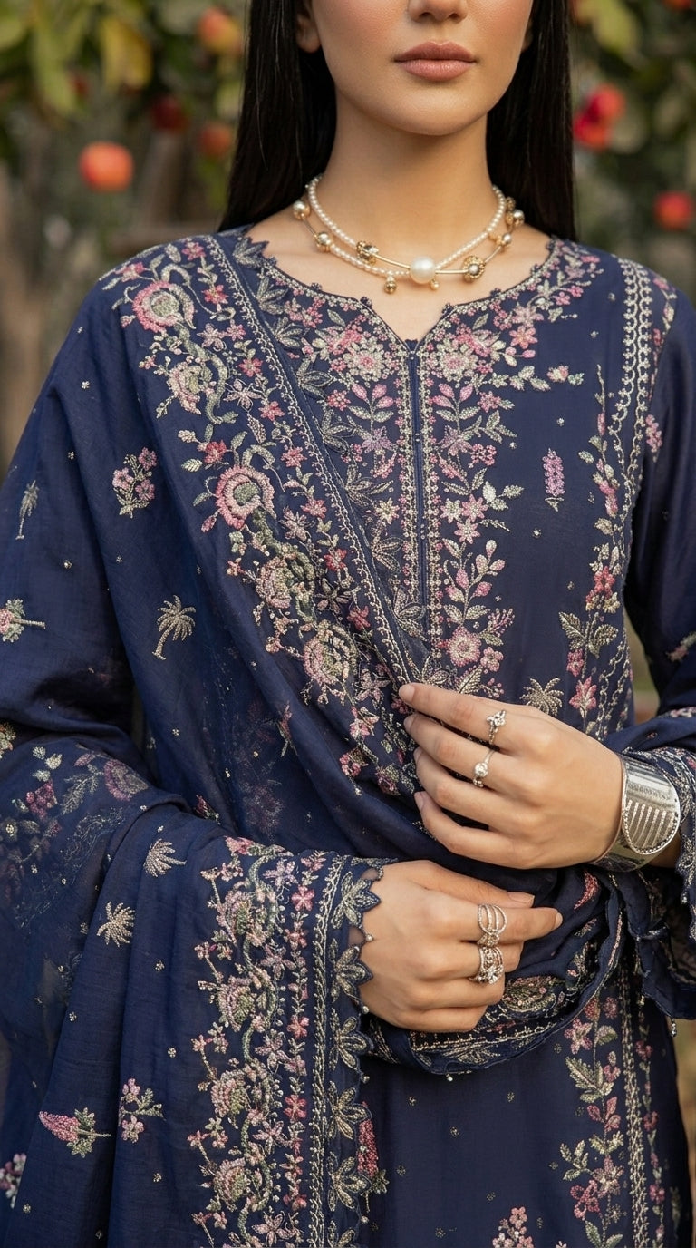 Navy blue embroidered traditional outfit with floral patterns, held by a person.