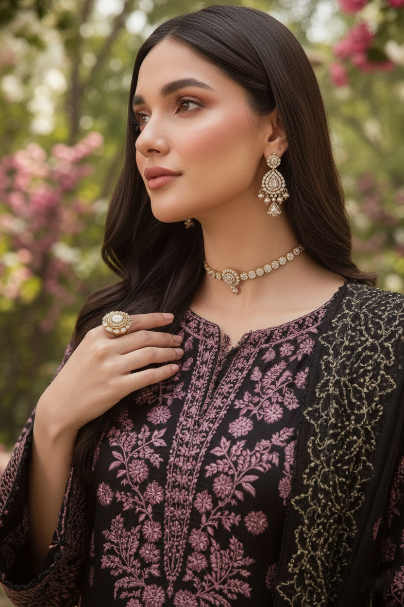 Woman wearing traditional embroidered attire with jewelry in a garden setting