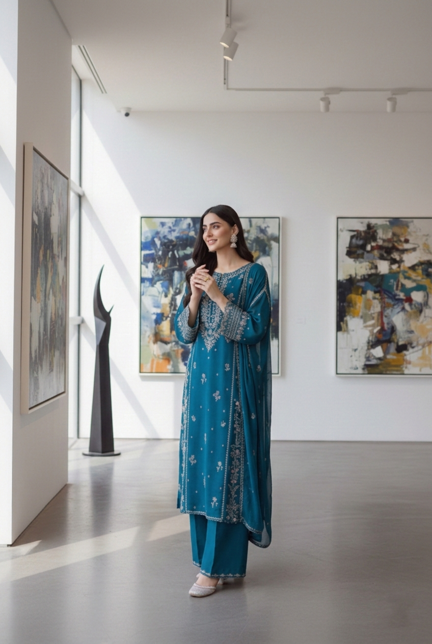 Woman in a blue traditional outfit standing in an art gallery with abstract paintings on the wall.