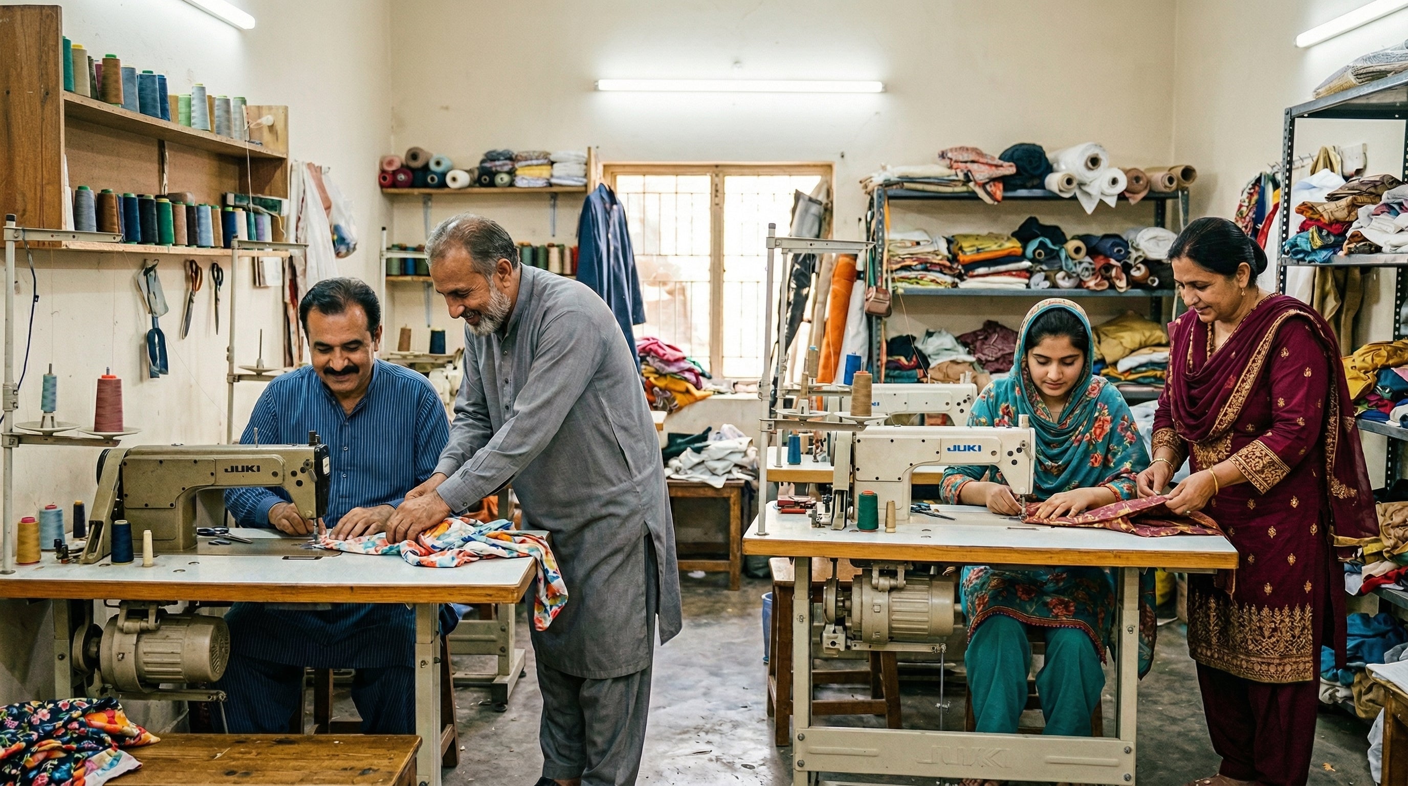Four people working in a sewing workshop with various sewing machines and materials.