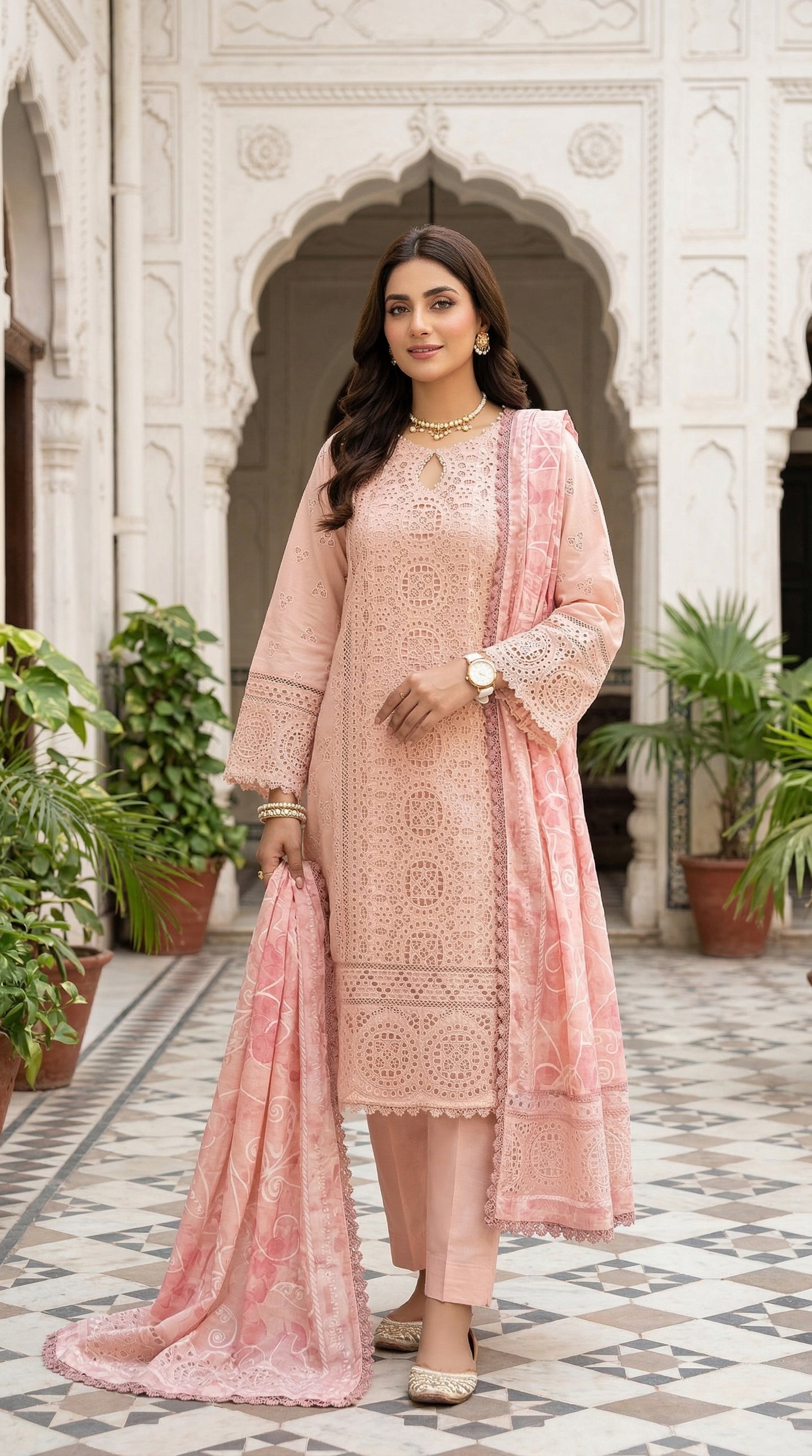 Woman in a pink embroidered outfit standing in front of an architectural background