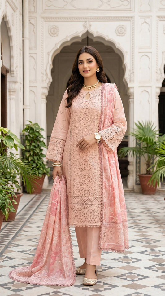 Woman in a pink embroidered outfit standing in front of an architectural background