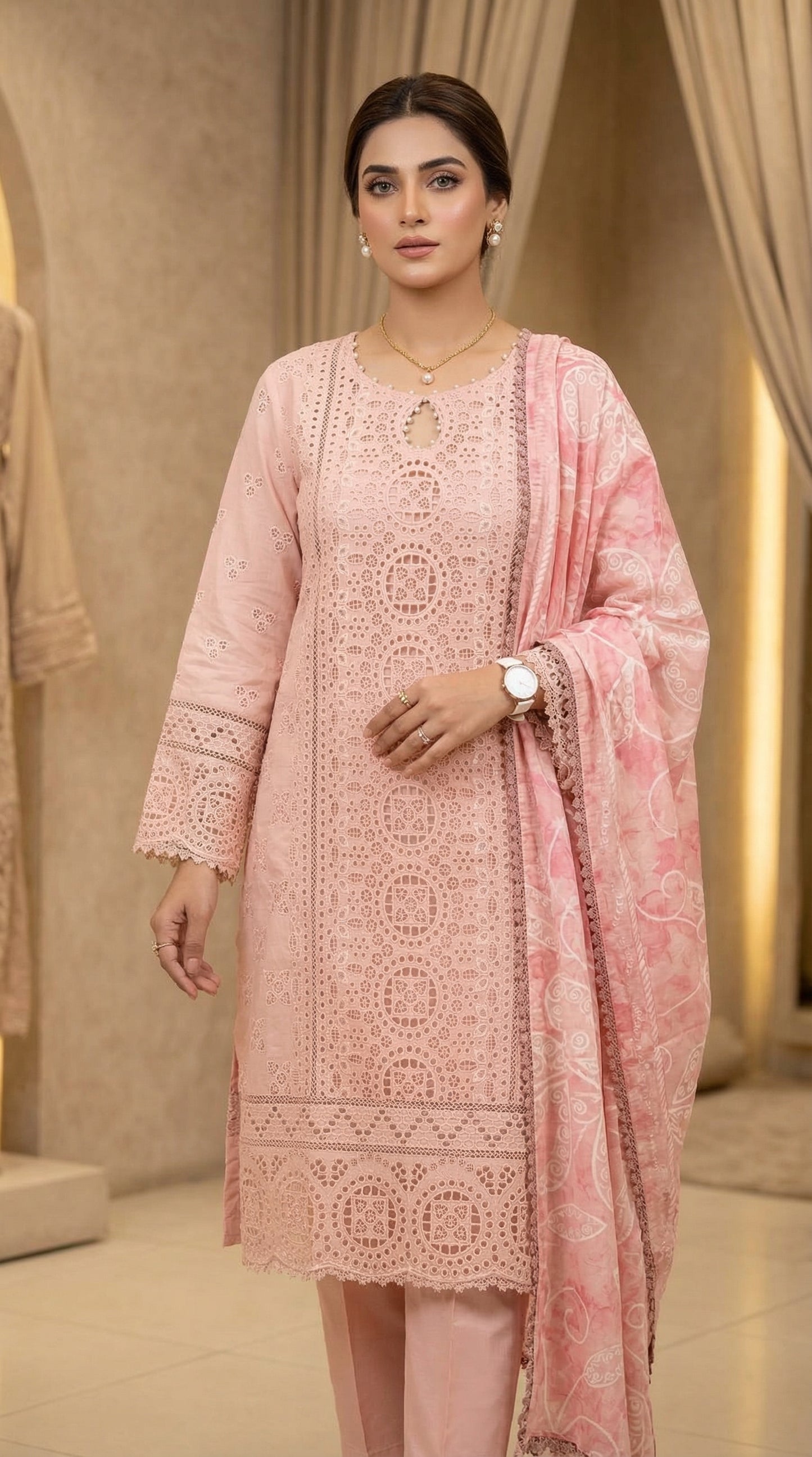 Woman wearing a pink embroidered outfit with a matching dupatta in a decorated room.