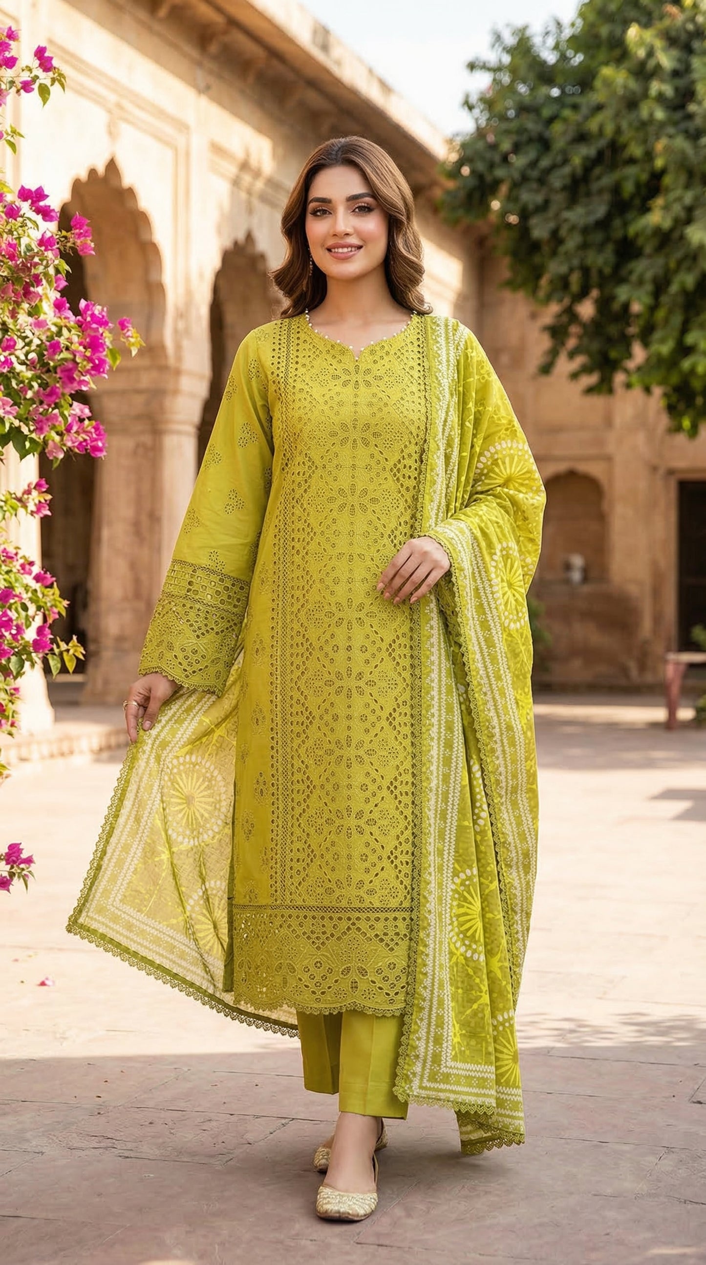 Woman in a green traditional outfit standing outdoors with architectural elements and plants in the background.