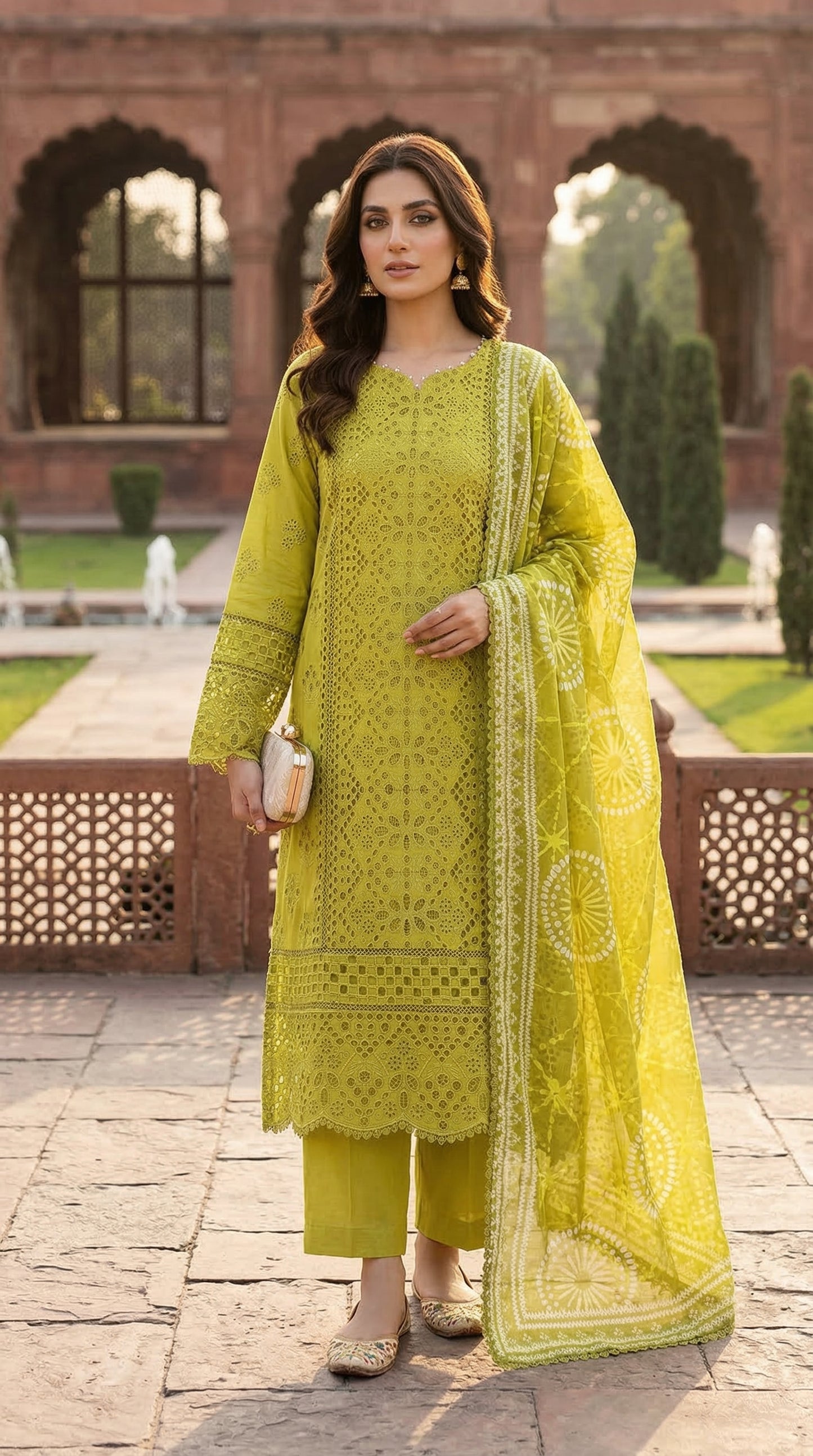 Woman in a bright yellow traditional outfit with a matching dupatta standing in an outdoor setting.