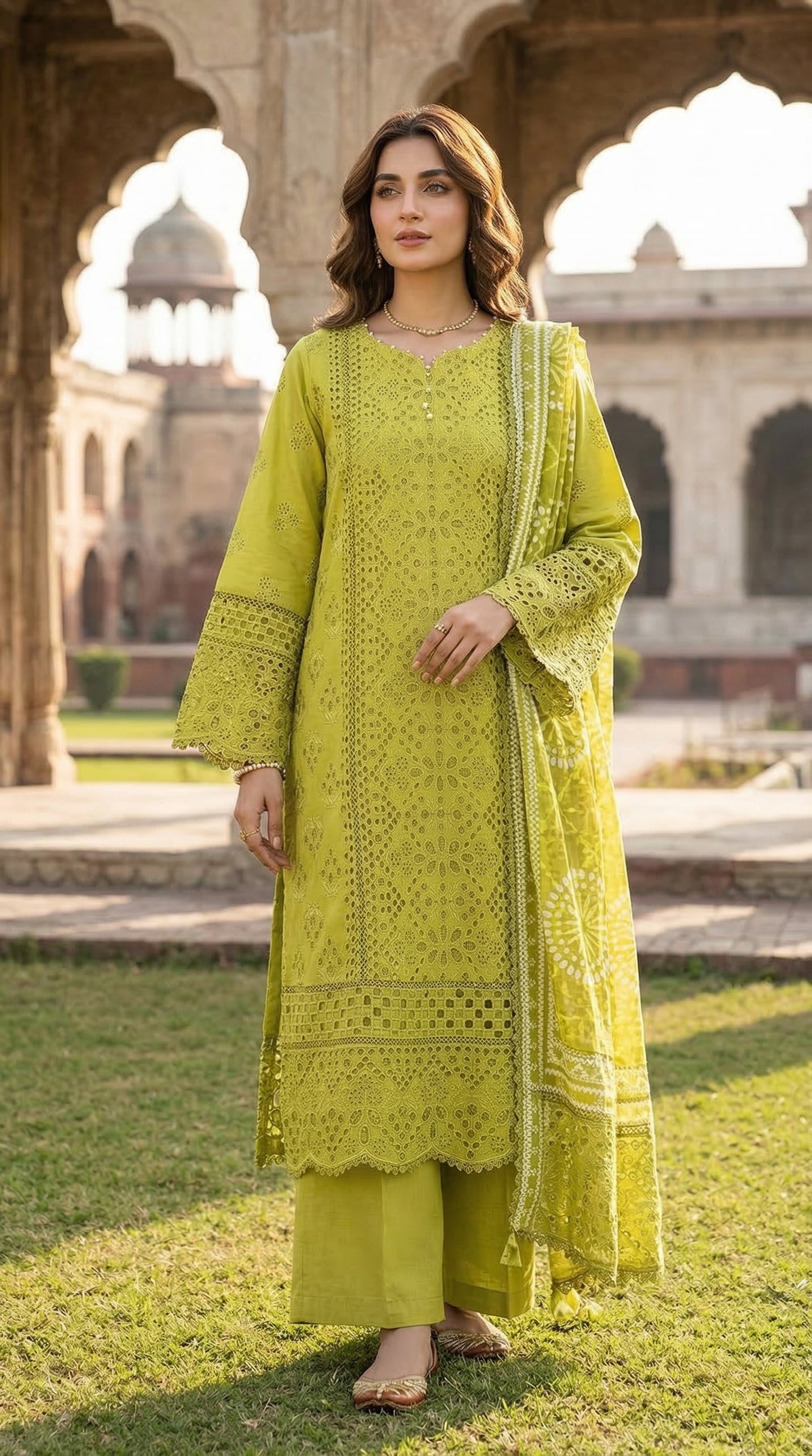 Woman in a bright yellow traditional outfit standing in front of an architectural structure.