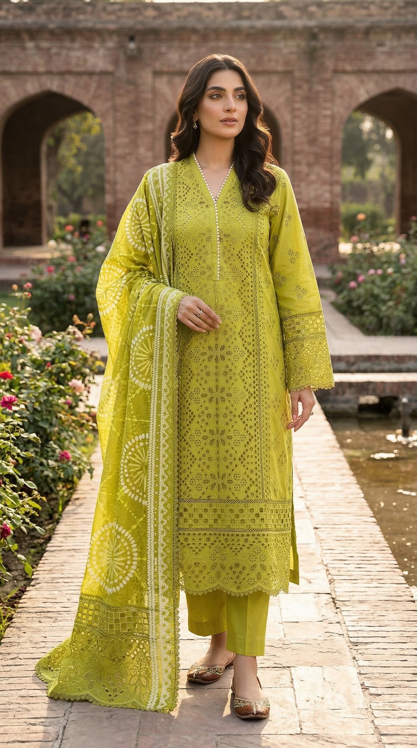Woman in a bright yellow traditional outfit standing in a garden with flowers and a brick building in the background.
