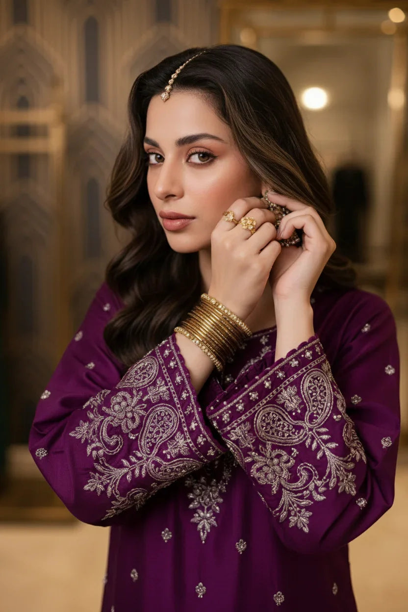 Woman in purple embroidered Pakistani dress, festive wear Pakistan, formal designer suit