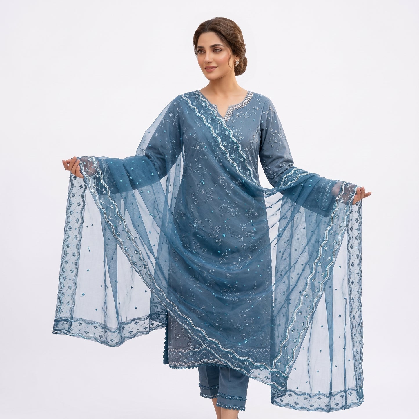 Slate Blue Embroidered Chiffon 3-Piece Stiched  Suit (Azure Elegance) 1001