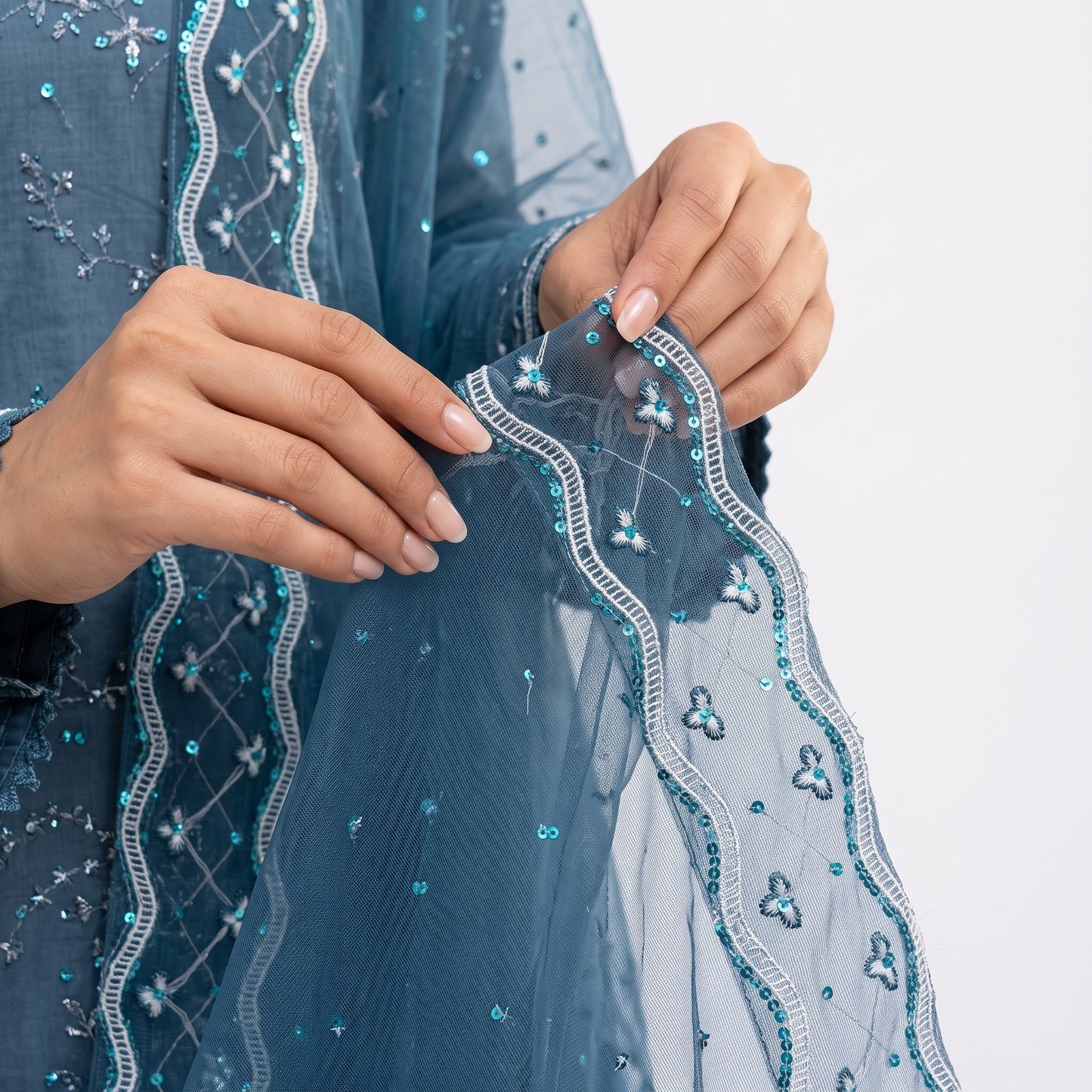 Slate Blue Embroidered Chiffon 3-Piece Stiched  Suit (Azure Elegance) 1001