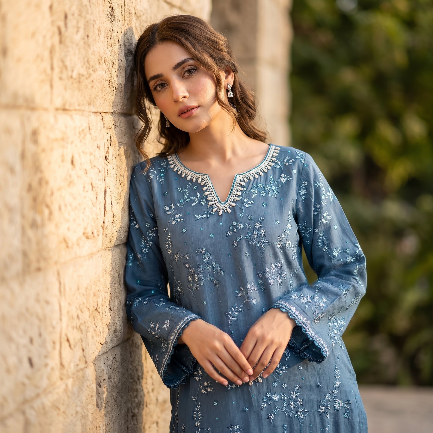 Slate Blue Embroidered Chiffon 3-Piece Stiched  Suit (Azure Elegance) 1001