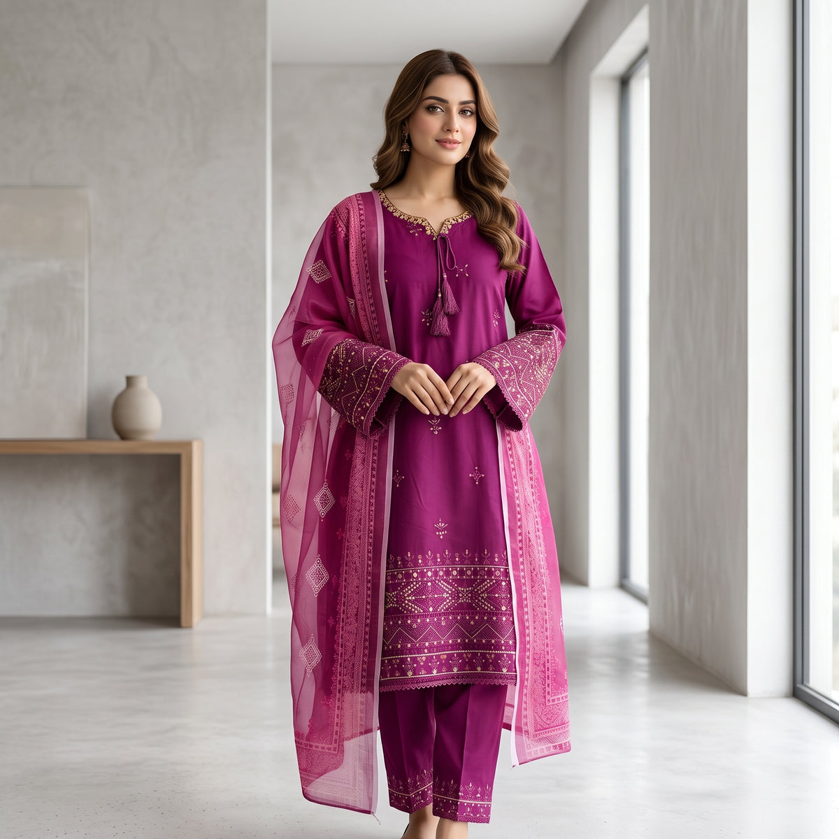 Magenta Wine Embroidered Stitched 3-Piece Slub Cotton Suit | Zeb-e-Kainat