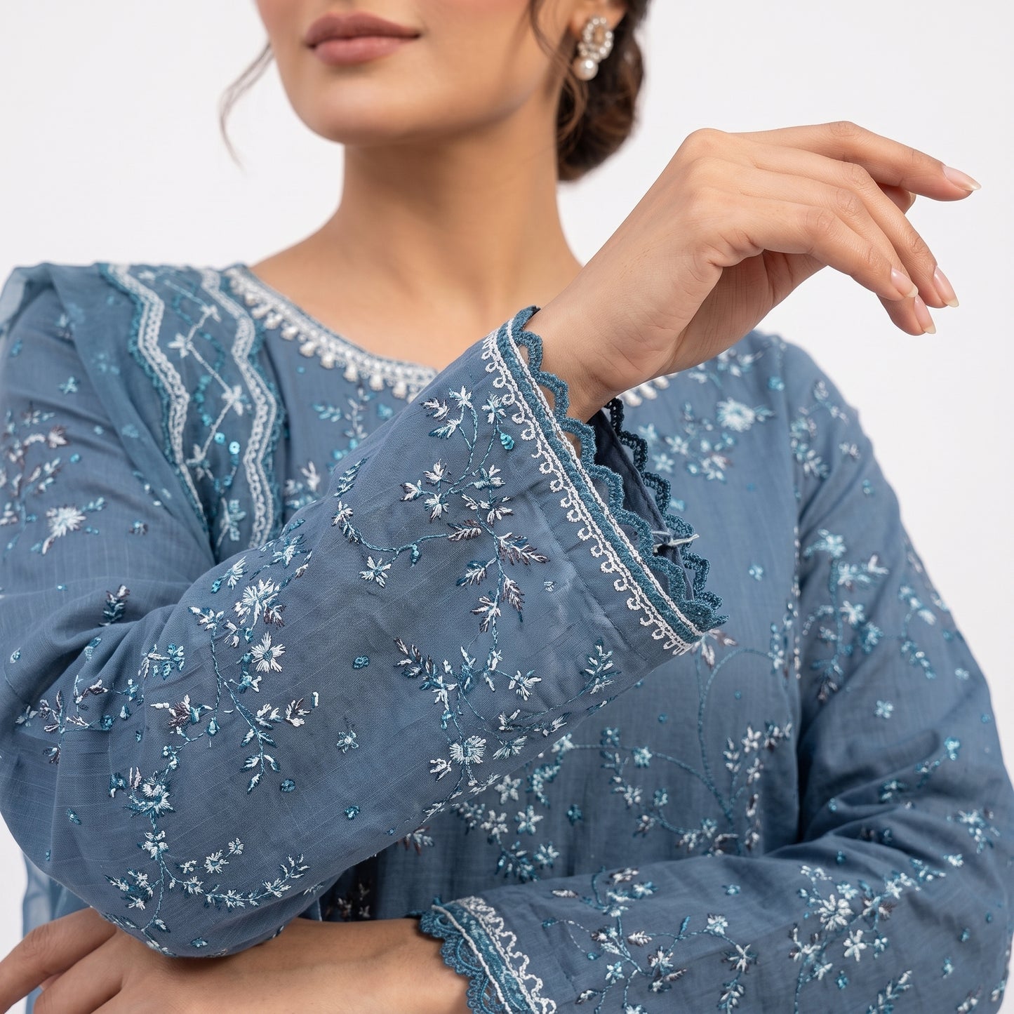 Slate Blue Embroidered Chiffon 3-Piece Stiched  Suit (Azure Elegance) 1001