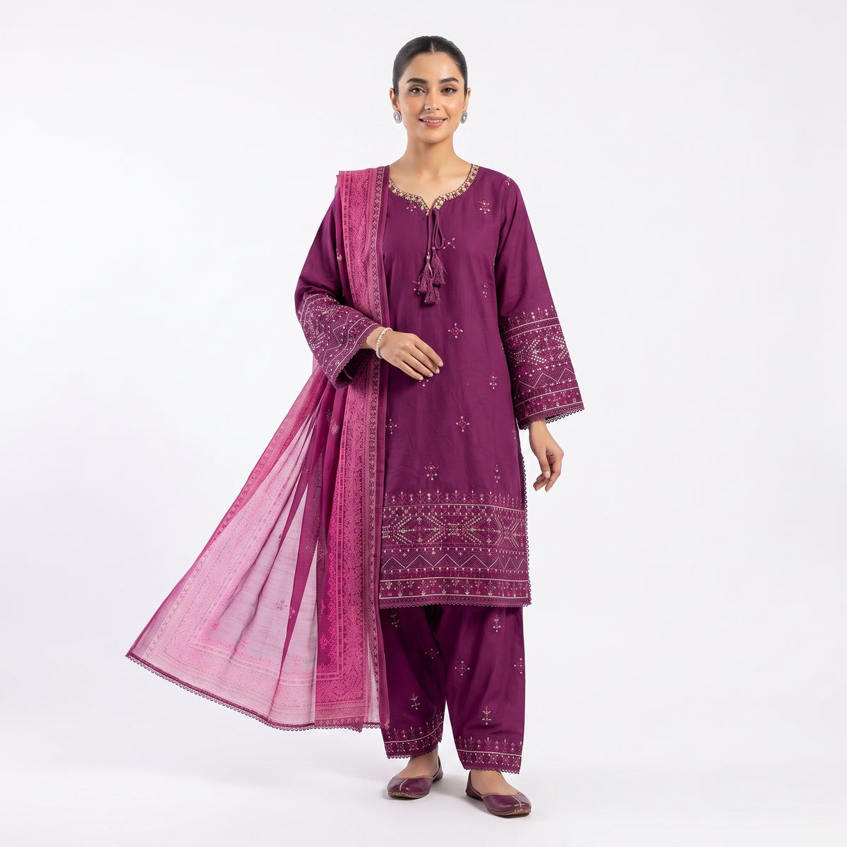 Magenta Wine Embroidered Stitched 3-Piece Slub Cotton Suit | Zeb-e-Kainat