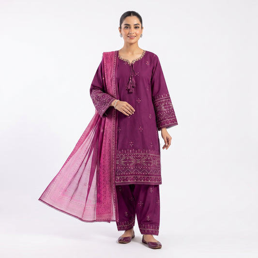 Magenta Wine Embroidered Stitched 3-Piece Slub Cotton Suit | Zeb-e-Kainat