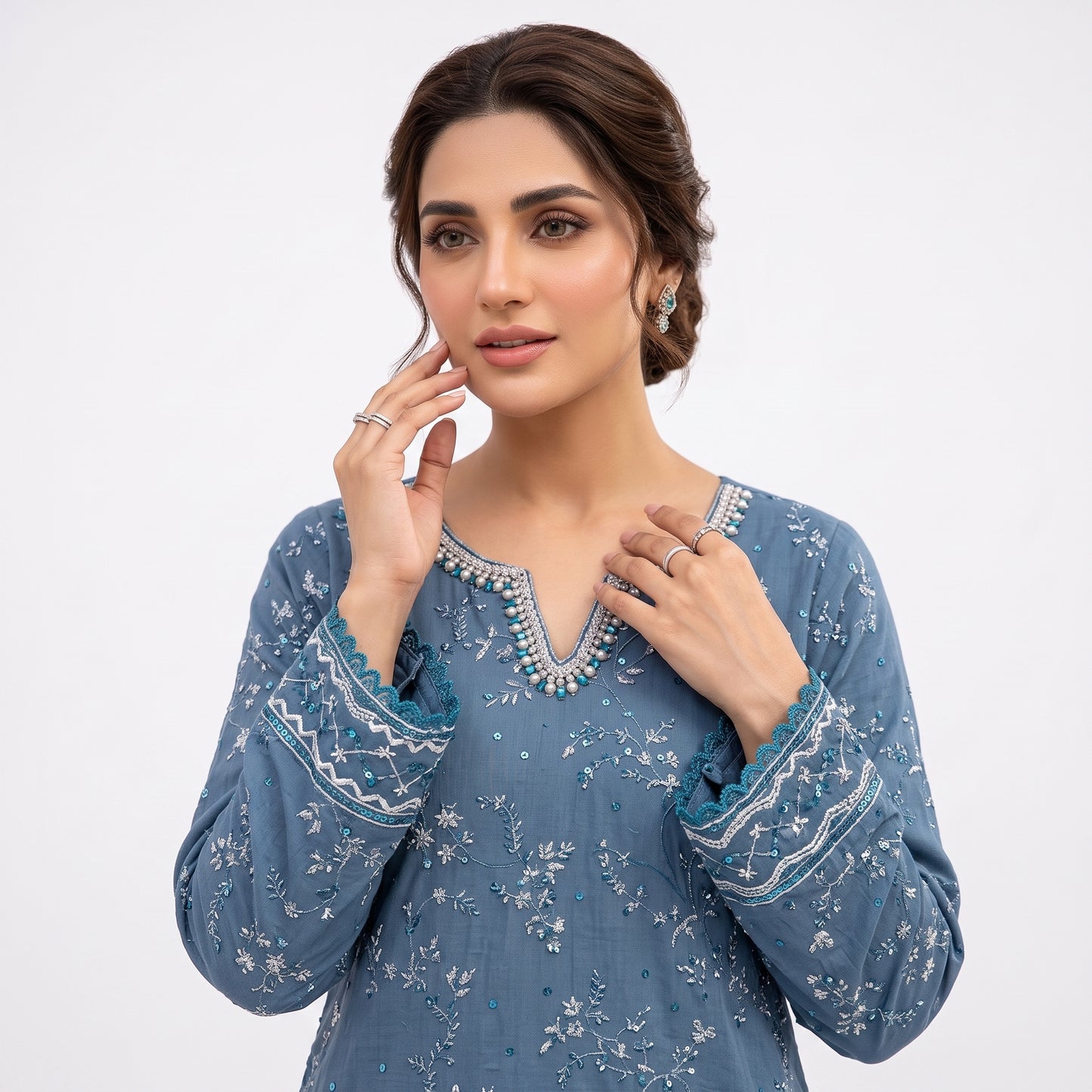 Slate Blue Embroidered Chiffon 3-Piece Stiched  Suit (Azure Elegance) 1001