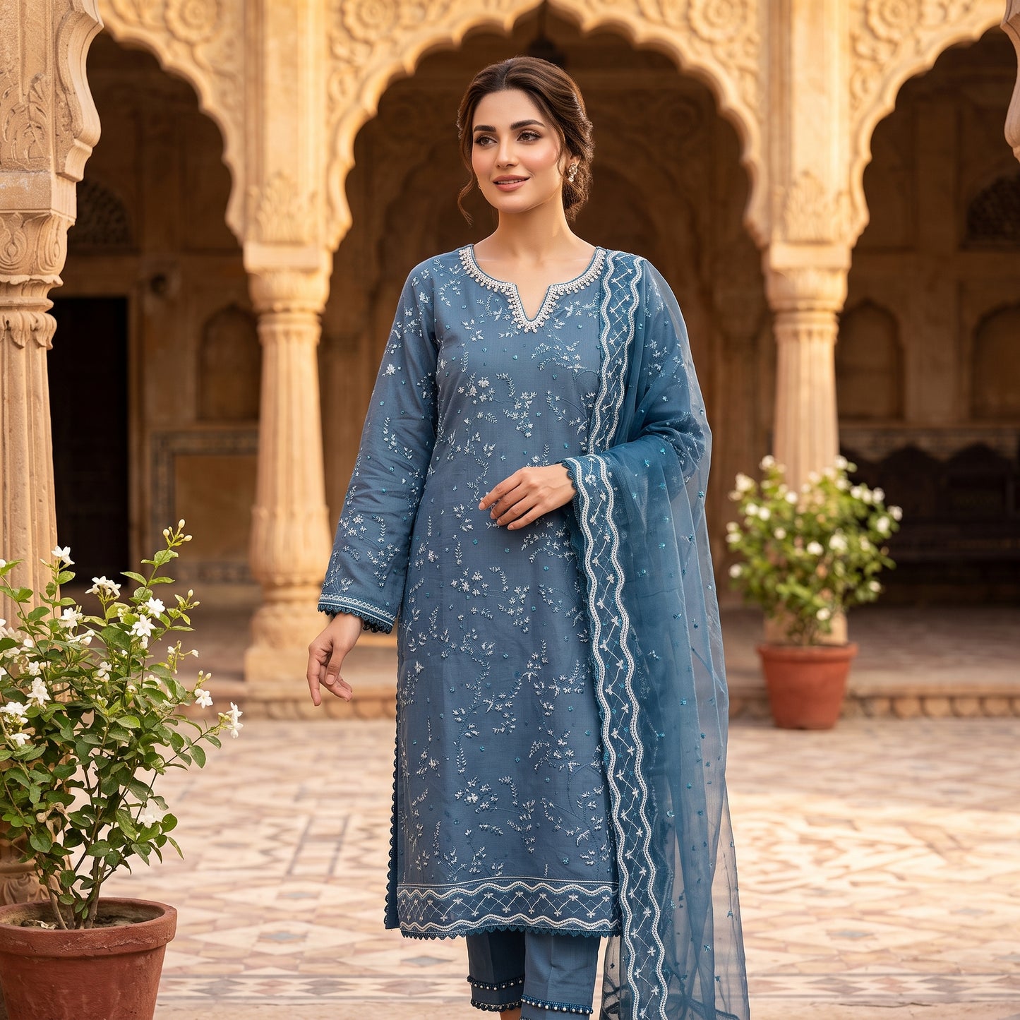 Slate Blue Embroidered Chiffon 3-Piece Stiched  Suit (Azure Elegance) 1001